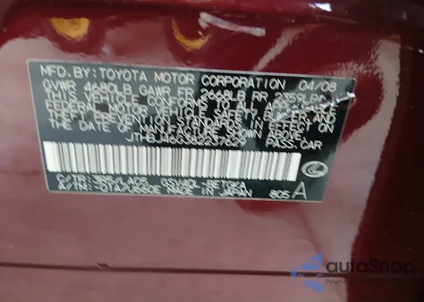 2008 Lexus Es 350 from USA, damaged, VIN JTHBJ46G382237629